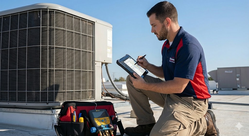 an hvac professional updating fms records on his tablet